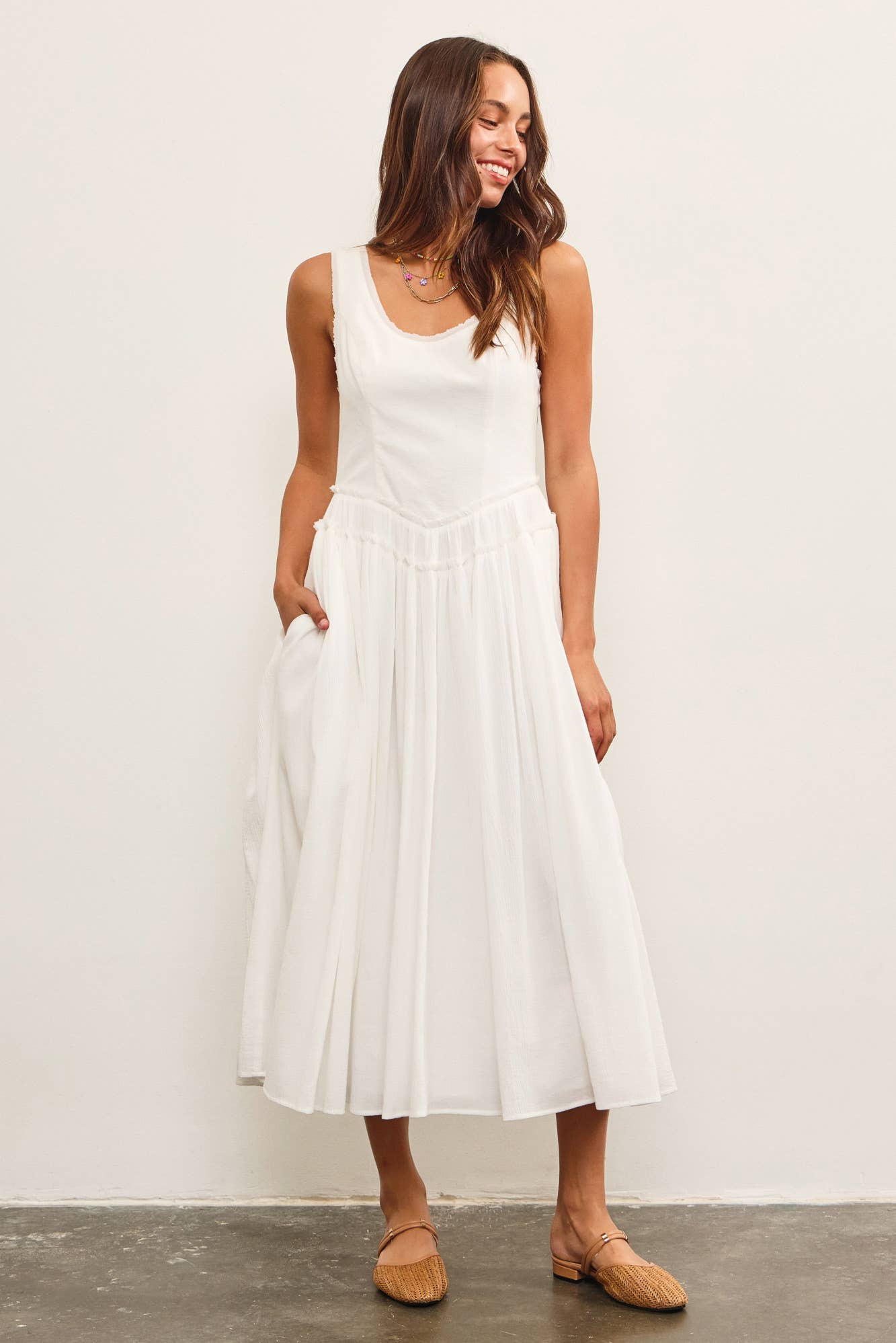 BASQUE WAIST FRAYED EDGE TIERED DRESS