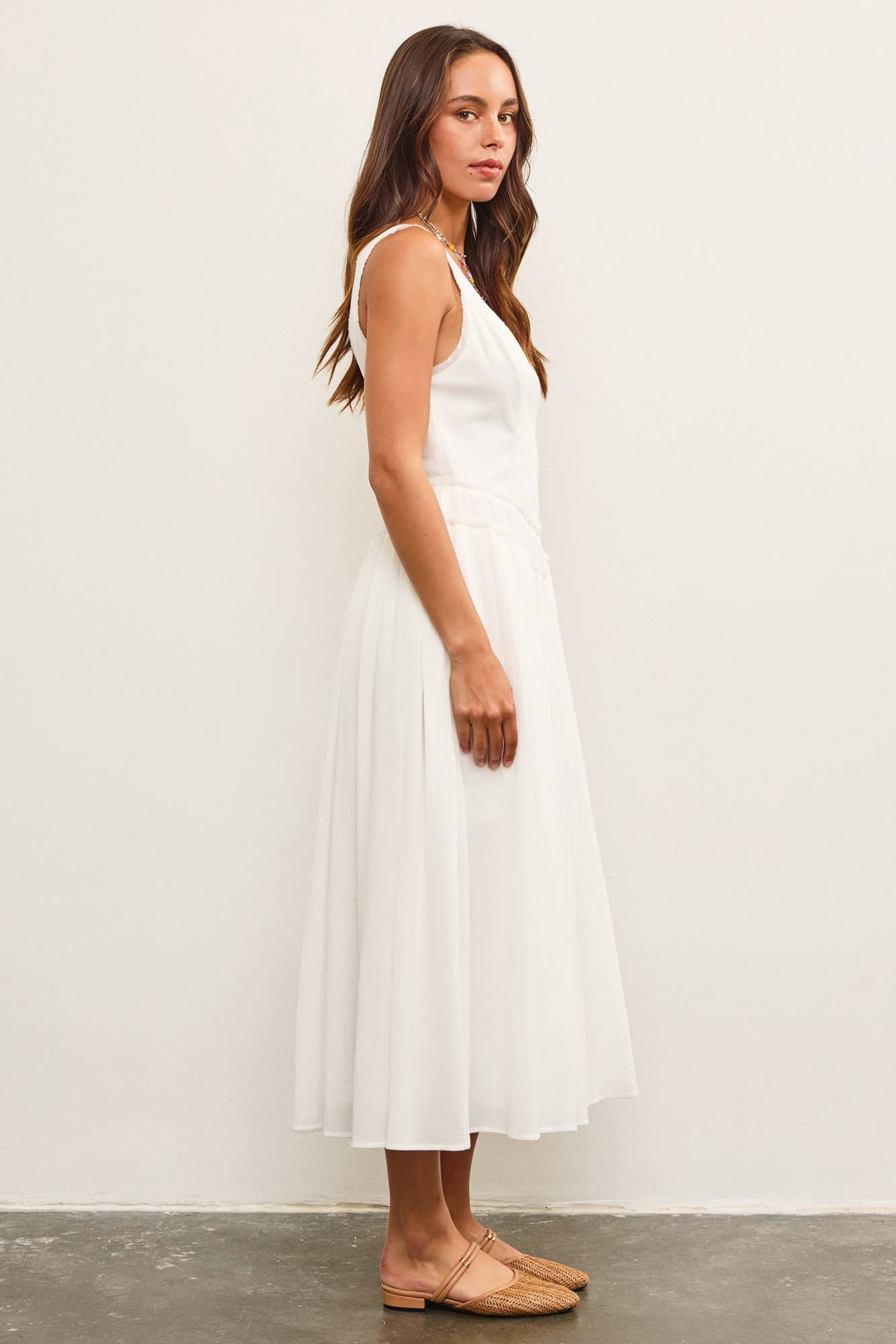 BASQUE WAIST FRAYED EDGE TIERED DRESS