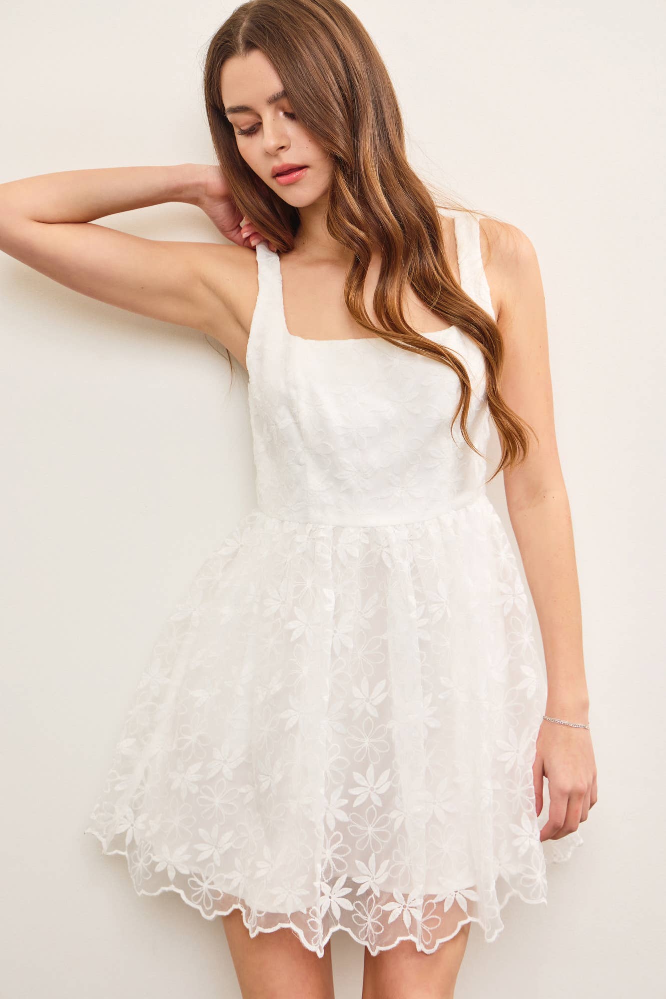 SQUARE NECK FLORAL ORGANZA SLEEVELESS DRESS