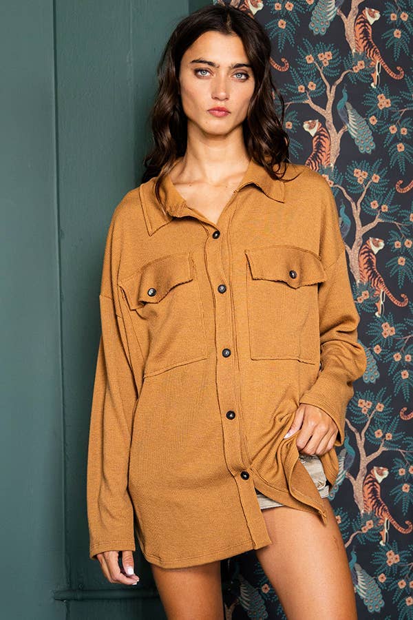 Solid Rib Knit Oversized Shacket Shirt