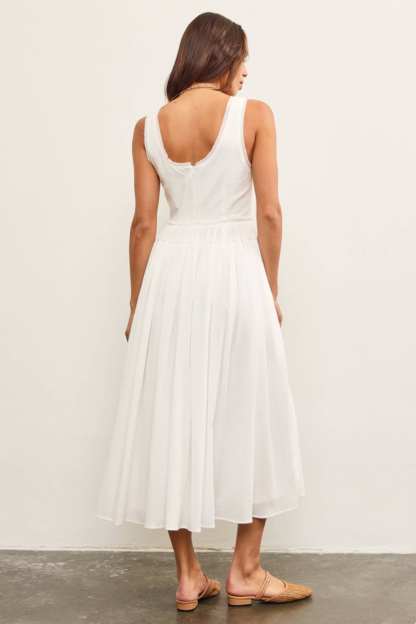 BASQUE WAIST FRAYED EDGE TIERED DRESS