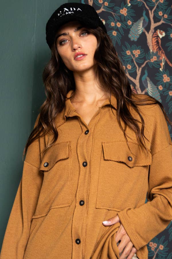 Solid Rib Knit Oversized Shacket Shirt