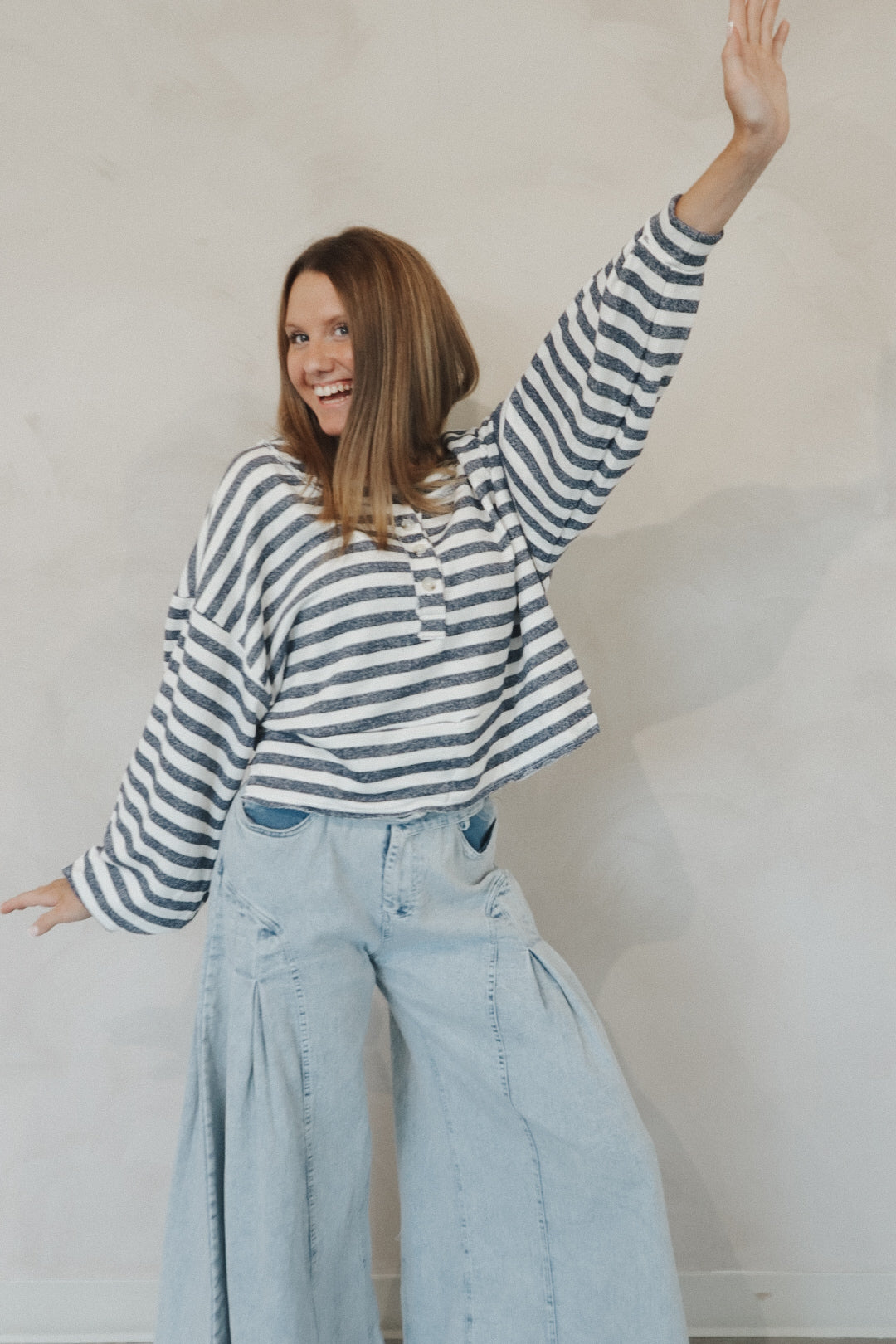 Stripe Henley Oversize Crop Top