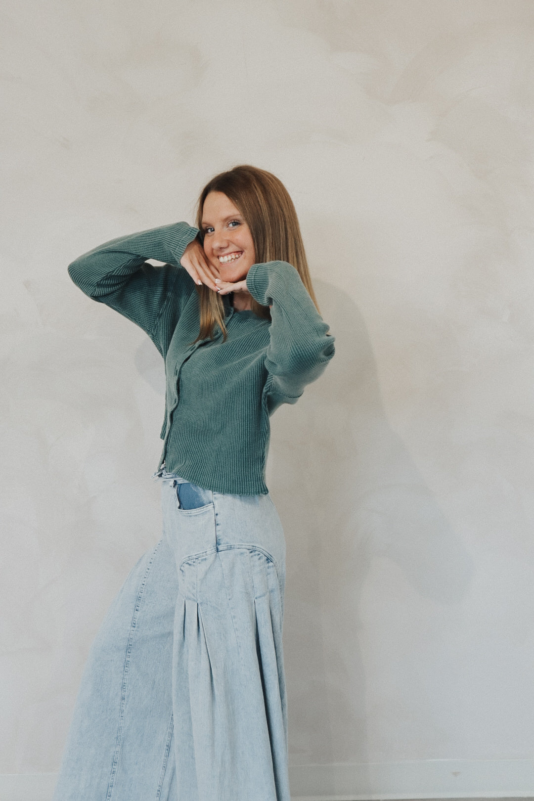 Waffle Long Sleeve Buttoned Crop Top