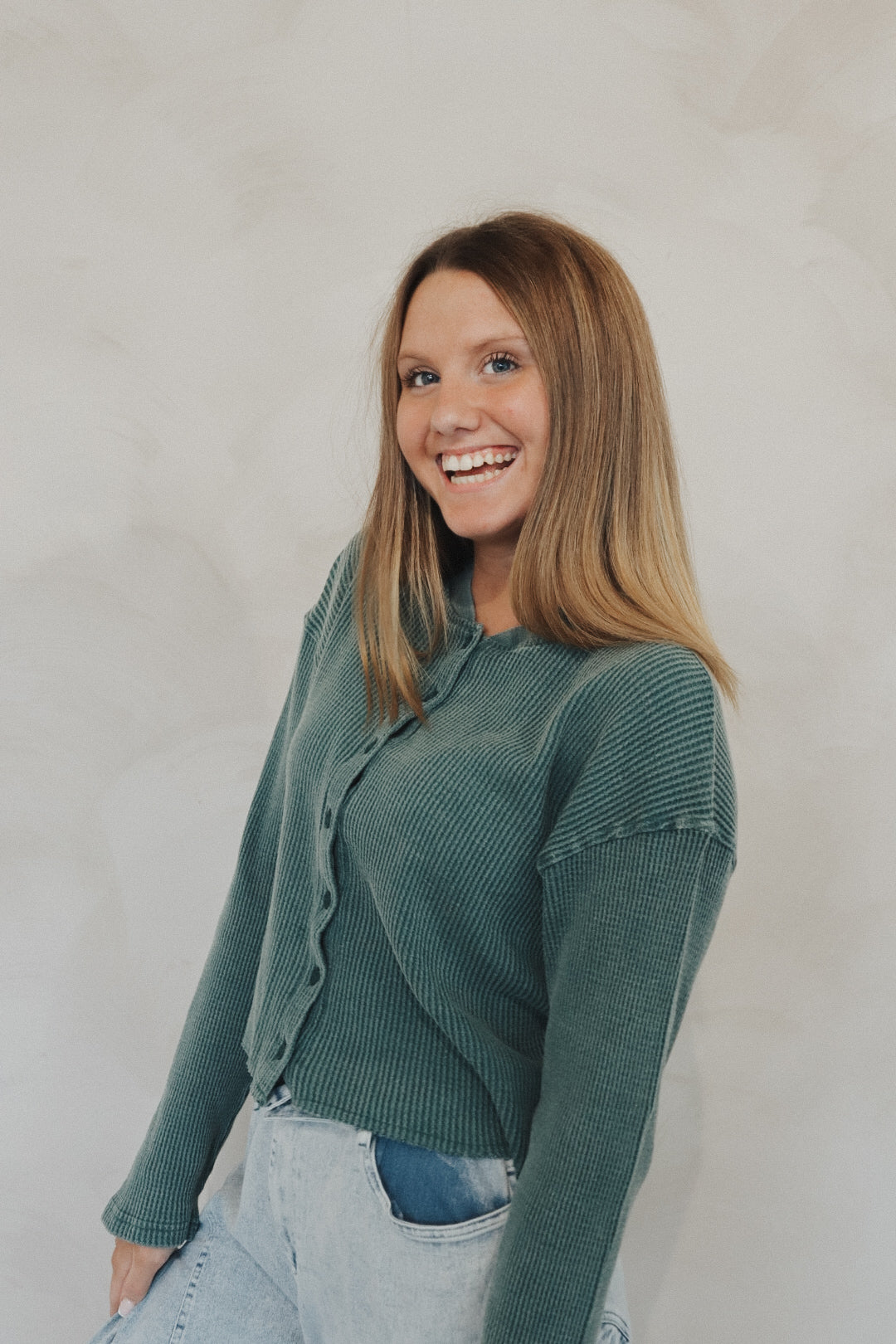 Waffle Long Sleeve Buttoned Crop Top