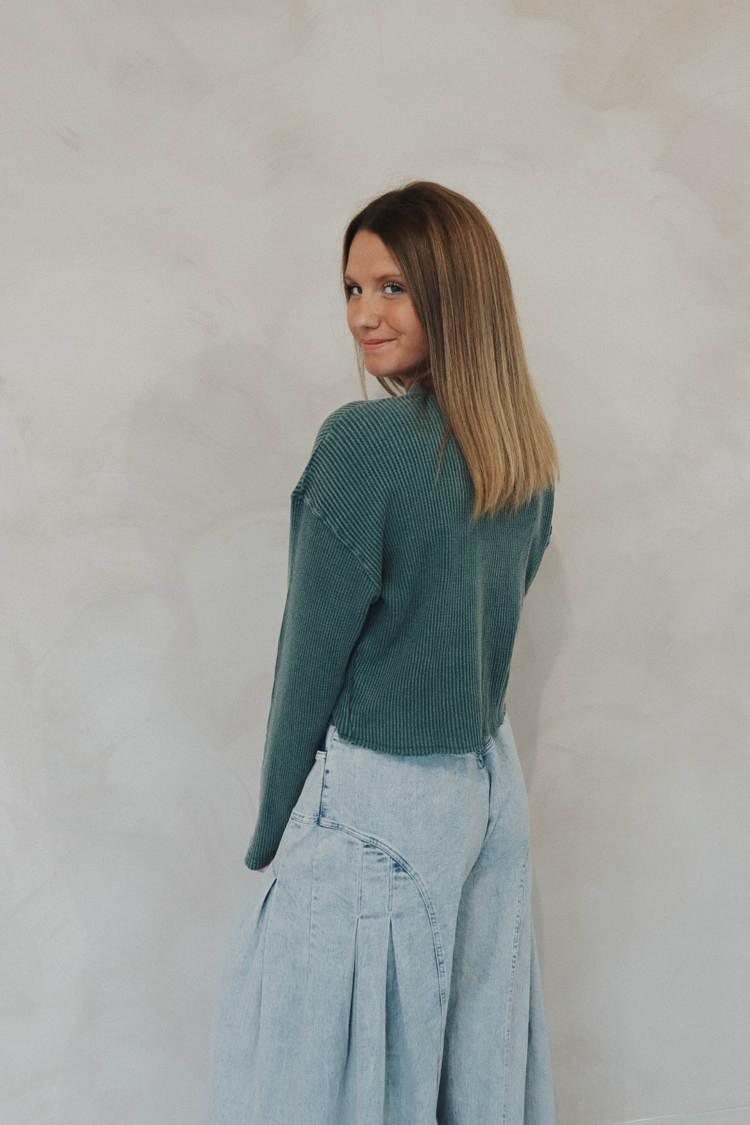 Waffle Long Sleeve Buttoned Crop Top