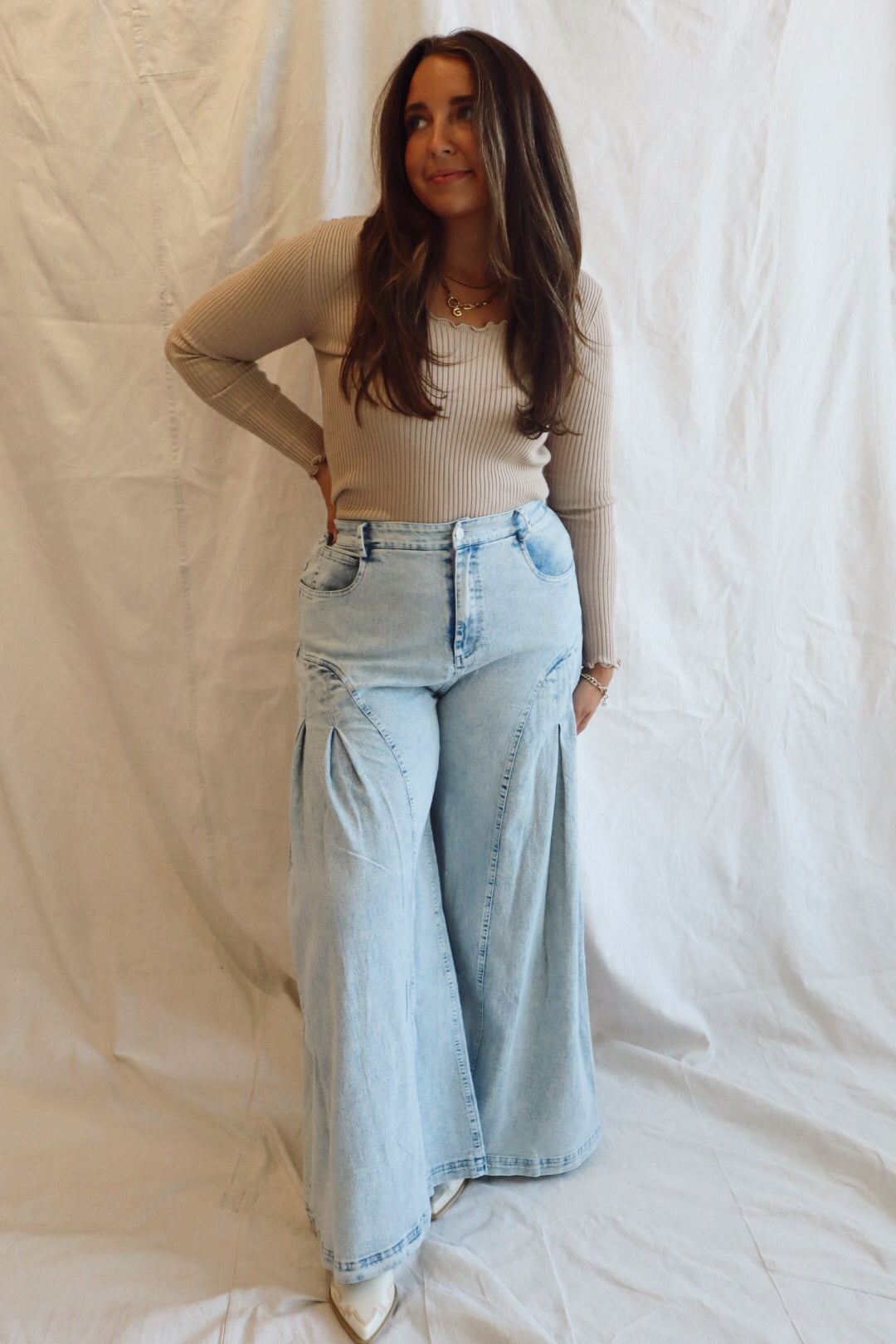 DENIM WIDE LEG FLARED PANTS