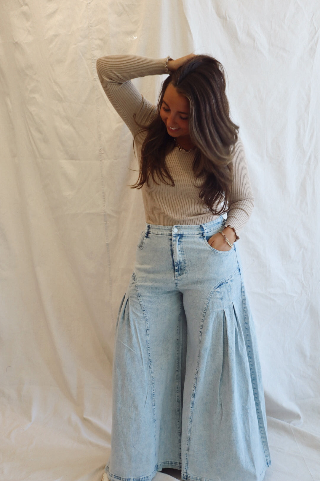 DENIM WIDE LEG FLARED PANTS