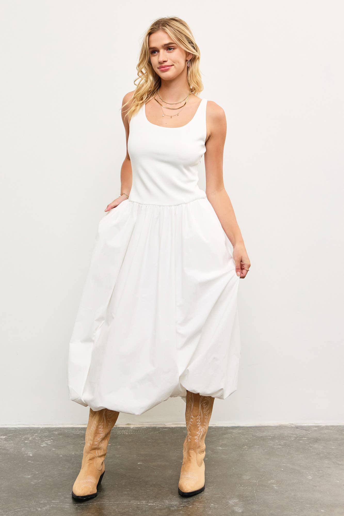 BALLOON HEM SLEEVELESS MIDI DRESS