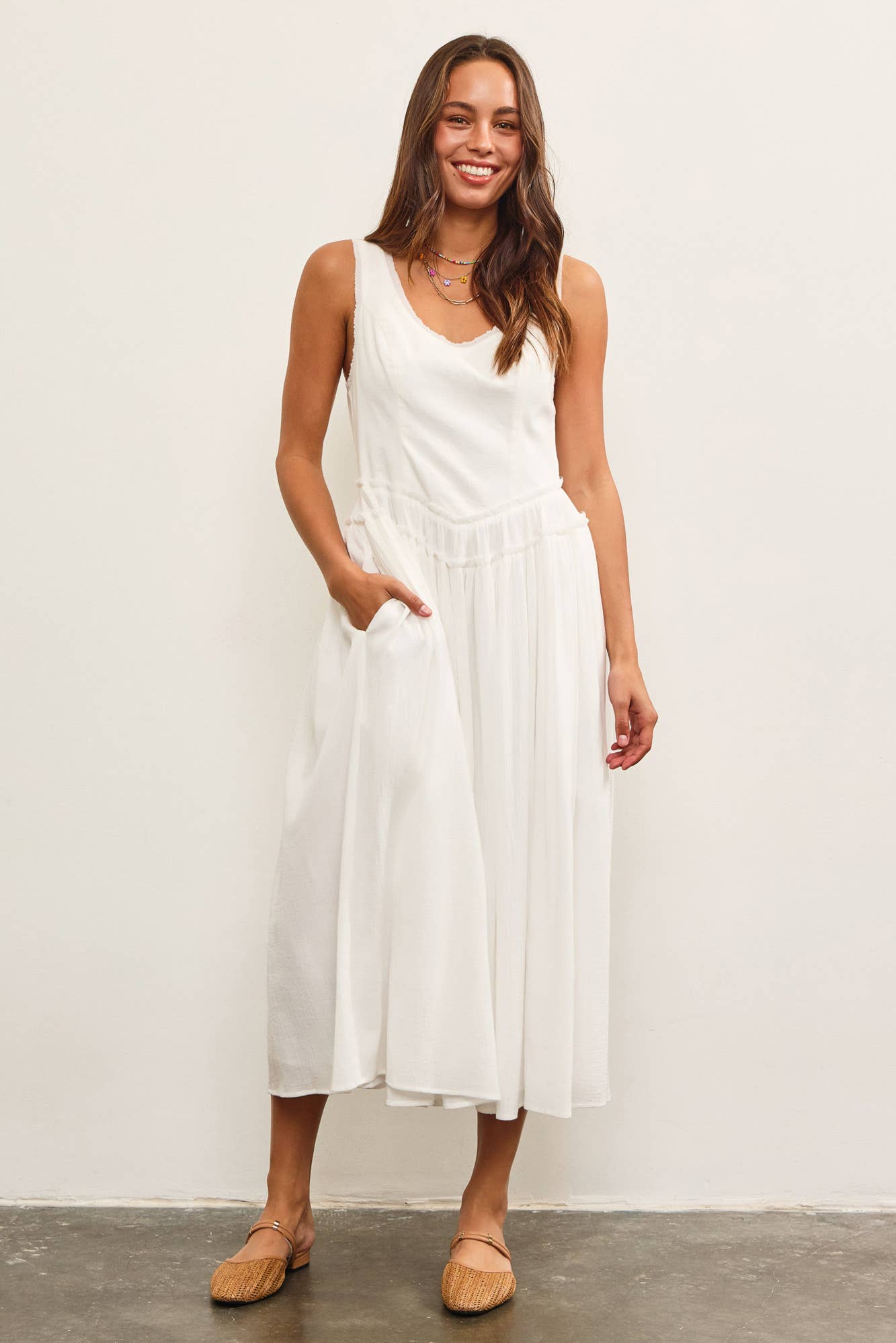 BASQUE WAIST FRAYED EDGE TIERED DRESS