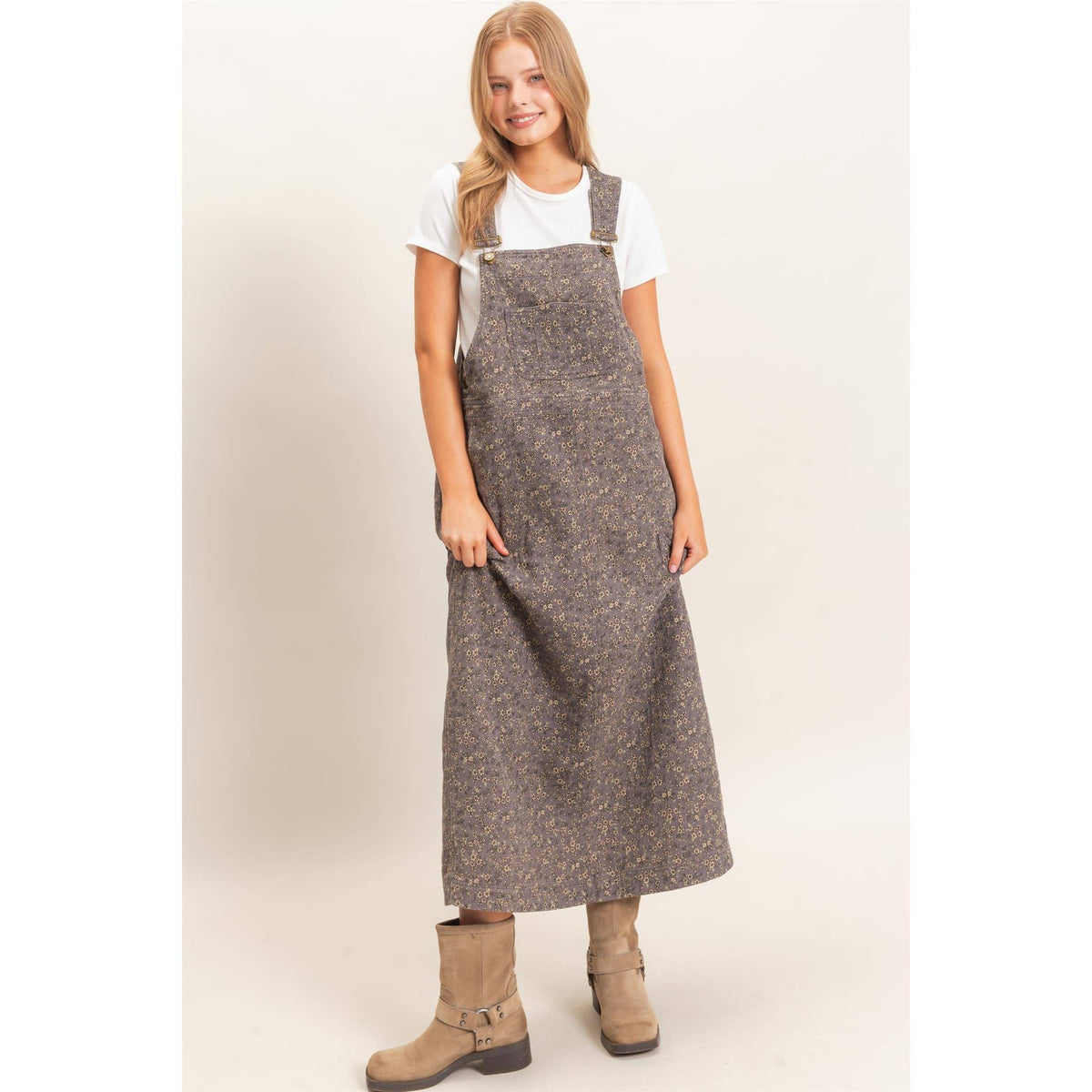 Floral Garment Wash Overall Dress