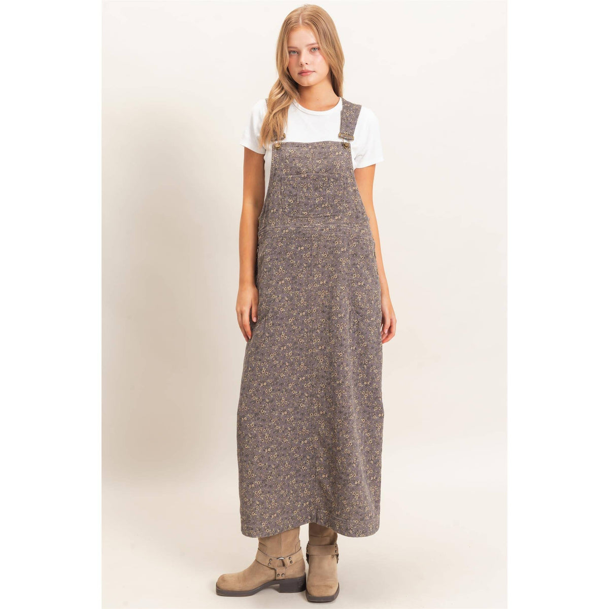 Floral Garment Wash Overall Dress