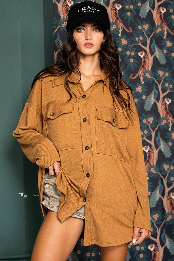 Solid Rib Knit Oversized Shacket Shirt