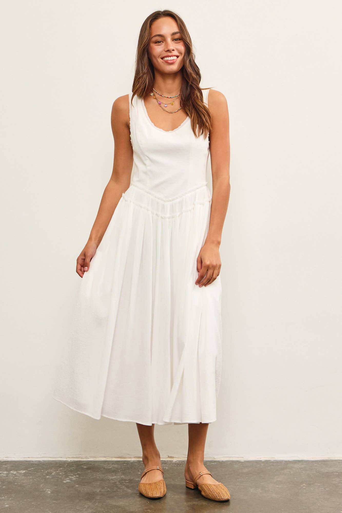 BASQUE WAIST FRAYED EDGE TIERED DRESS
