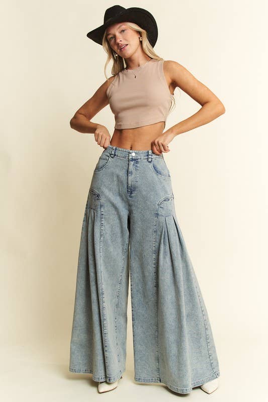DENIM WIDE LEG FLARED PANTS