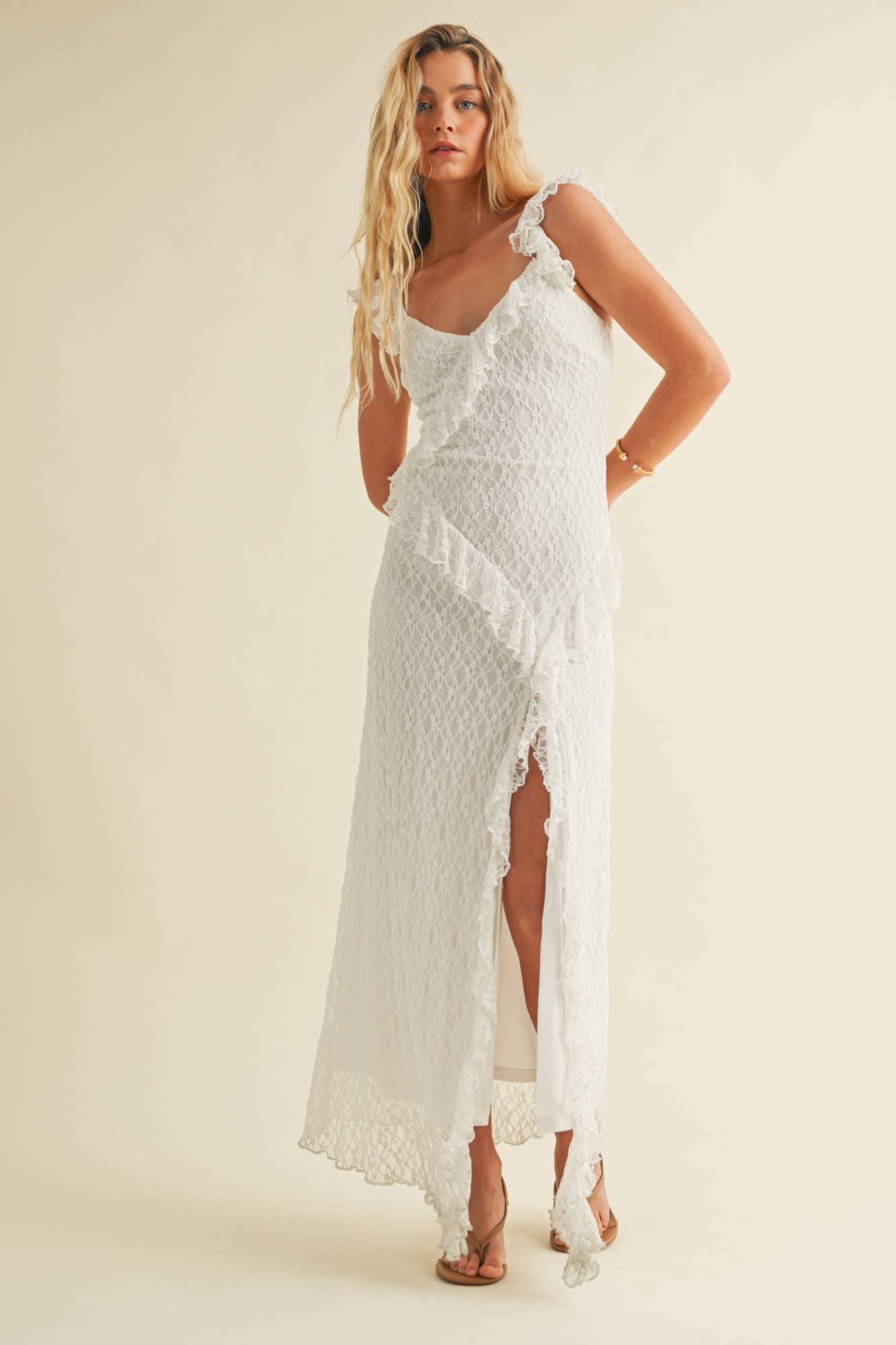 RUFFLE LACE STRAP FRONT SLIT DRESS