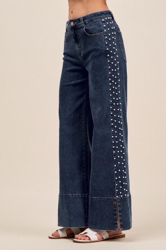 PEARL STUDDED FLARE JEANS