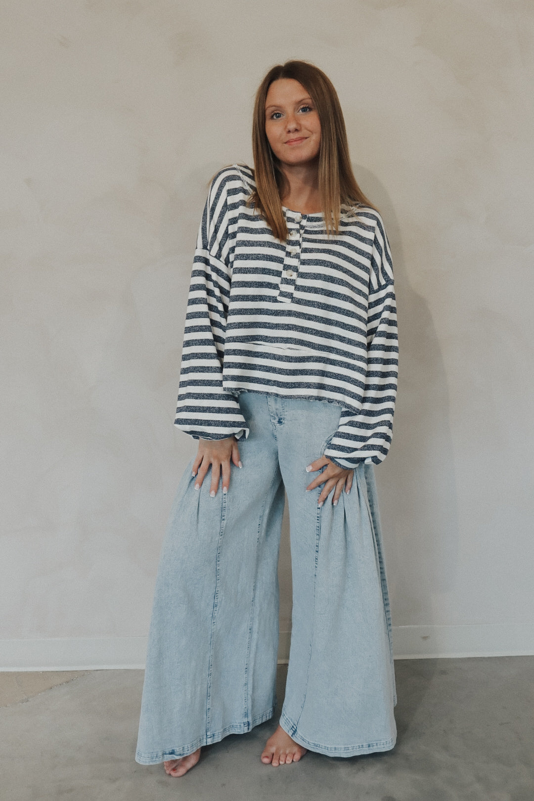 Stripe Henley Oversize Crop Top