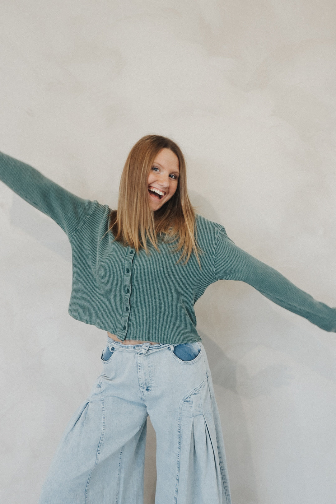 Waffle Long Sleeve Buttoned Crop Top