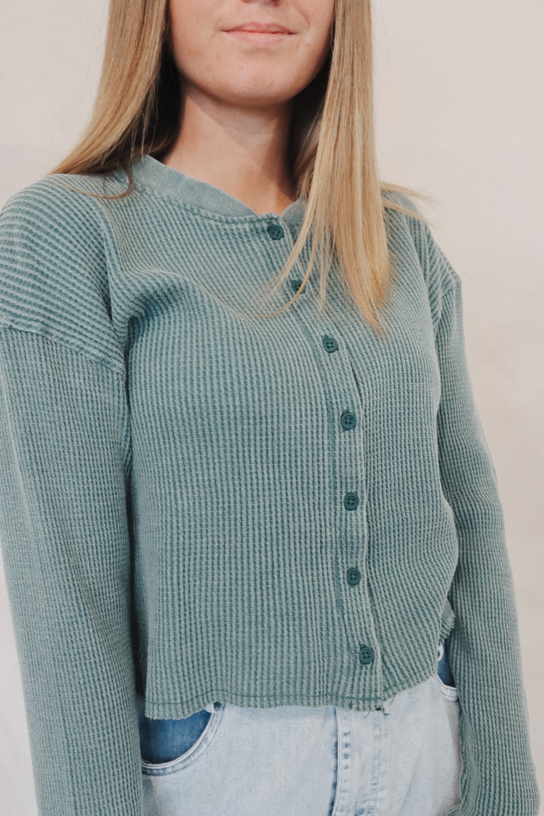 Waffle Long Sleeve Buttoned Crop Top