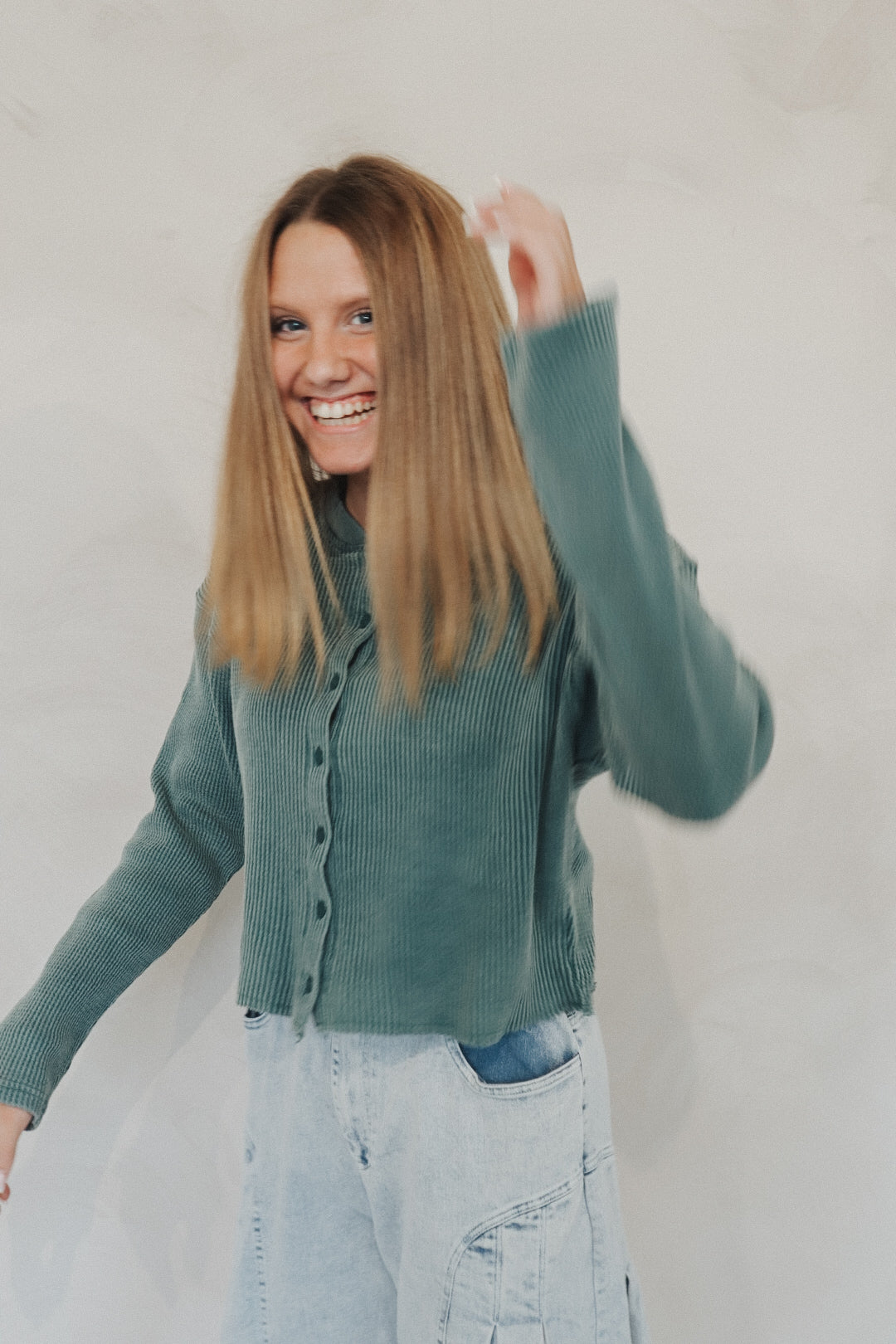 Waffle Long Sleeve Buttoned Crop Top