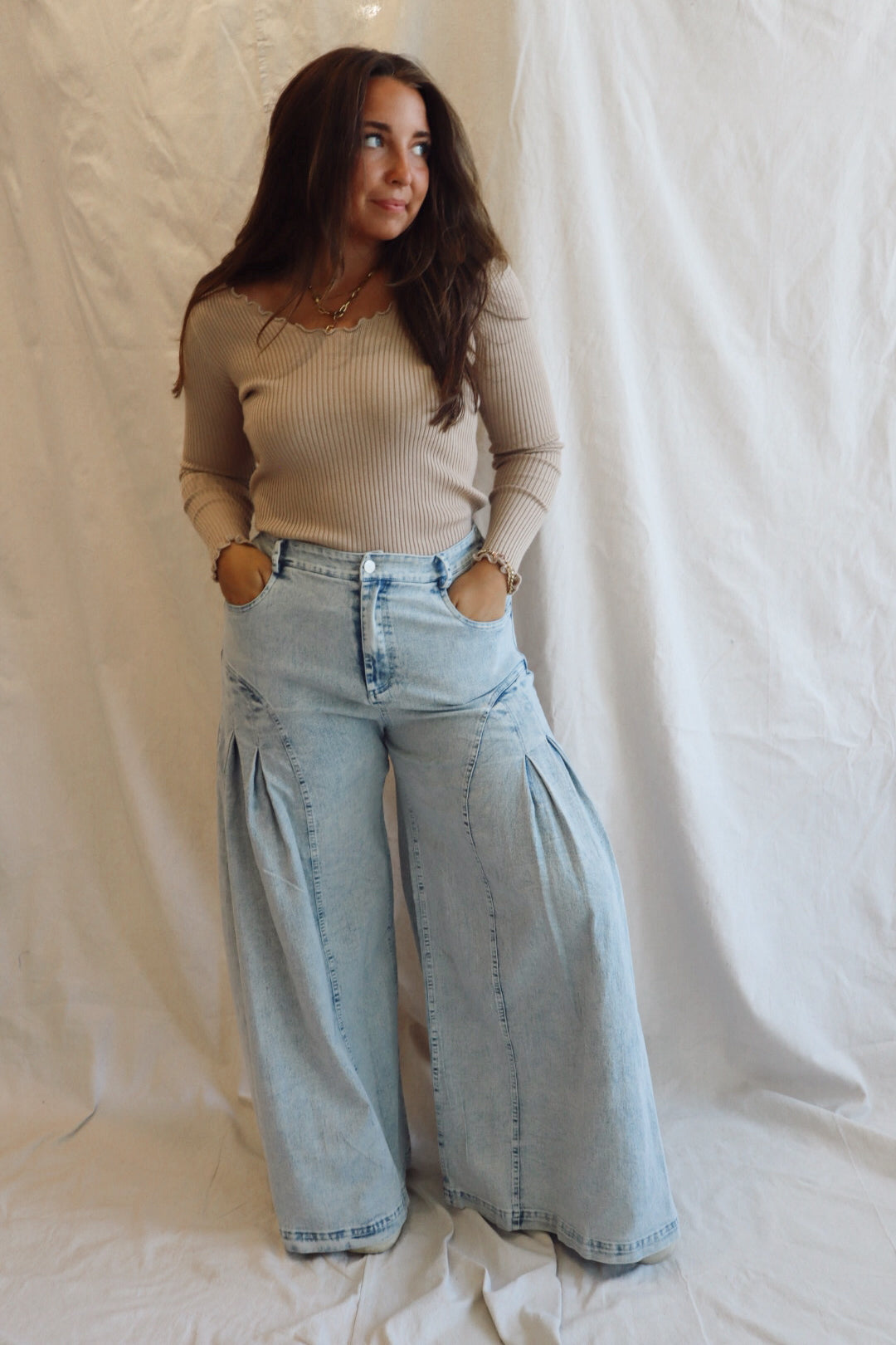 DENIM WIDE LEG FLARED PANTS