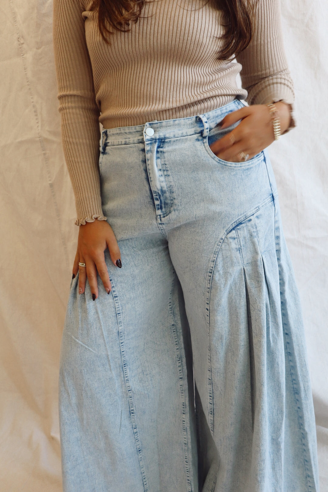 DENIM WIDE LEG FLARED PANTS