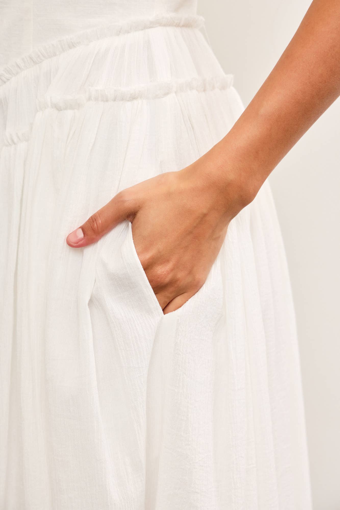 BASQUE WAIST FRAYED EDGE TIERED DRESS